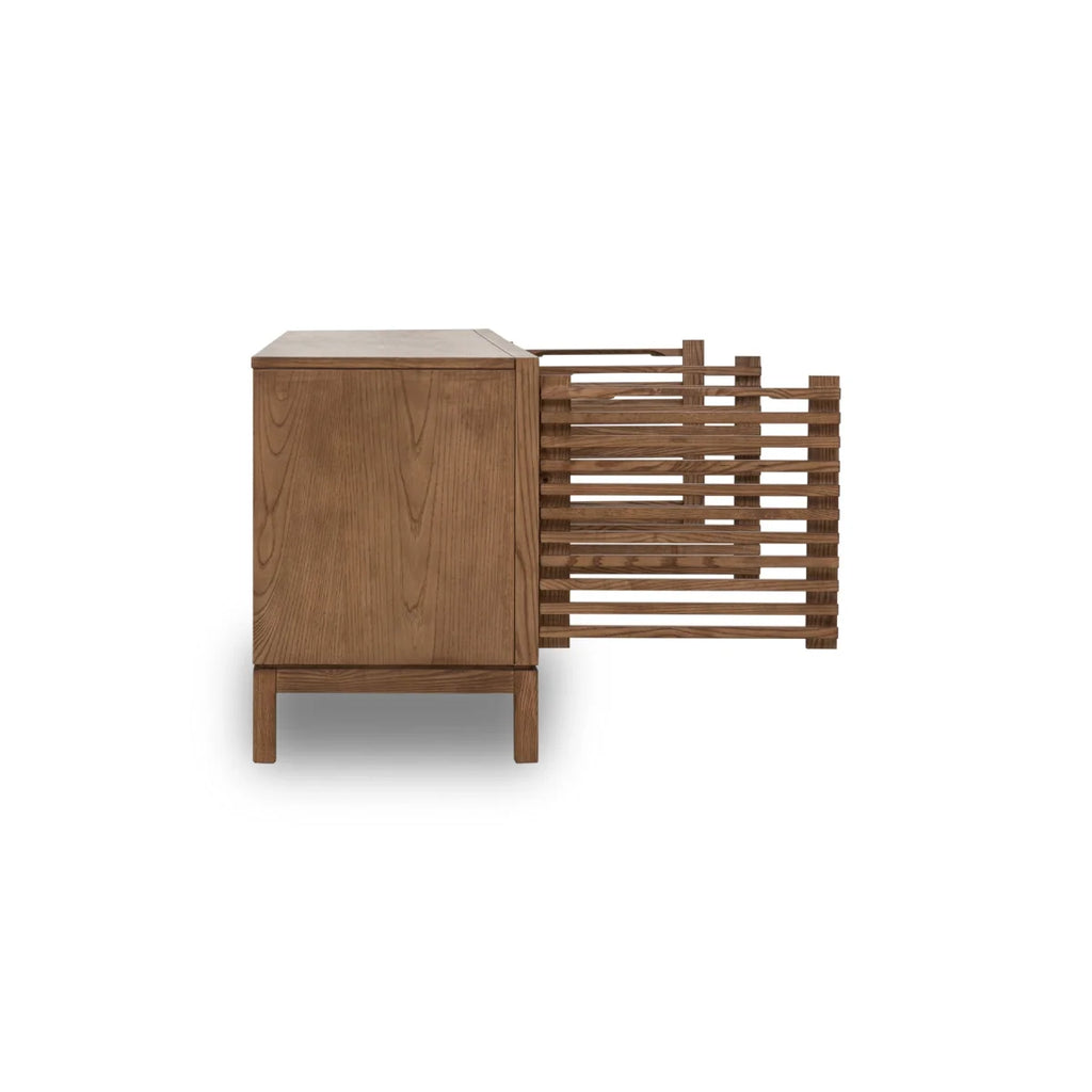 Meuble TV frêne ajouré brun roux 198x46 cm pour salon