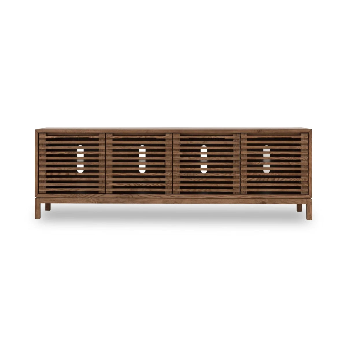 Meuble TV en frêne ajouré brun roux, 198x46 cm, 4 portes ajourées