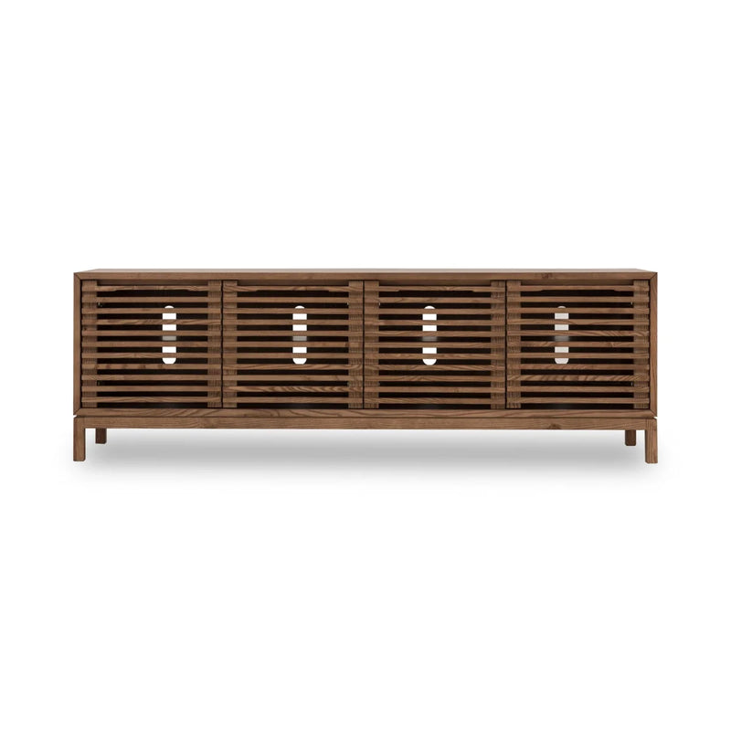 Meuble TV en frêne ajouré brun finition roux pour salon – 198x46 cm