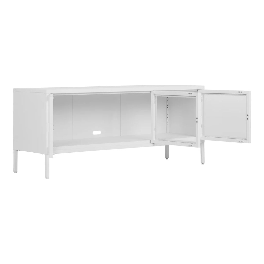 Meuble TV métal blanc 3 portes vitrées 130x40 cm design minimaliste