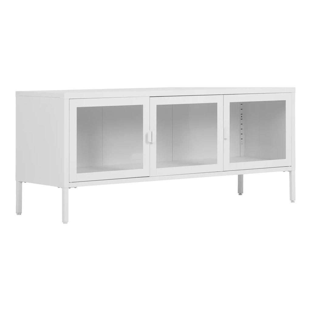 Meuble TV blanc minimaliste en métal avec 3 portes vitrées, 130x40 cm