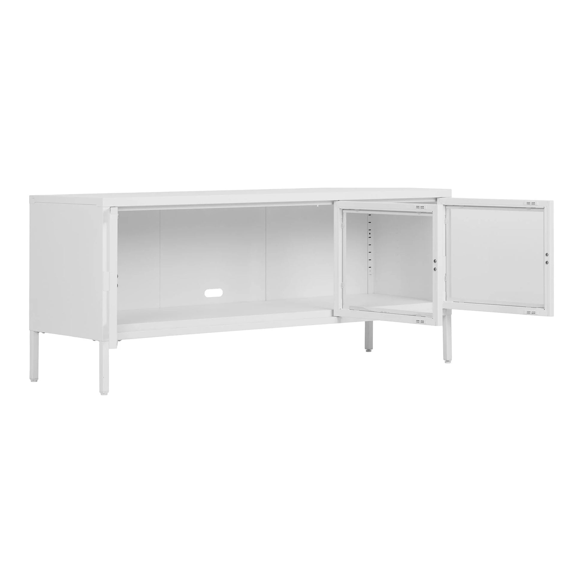 Meuble TV en métal blanc avec portes vitrées ouvertes et espace de rangement