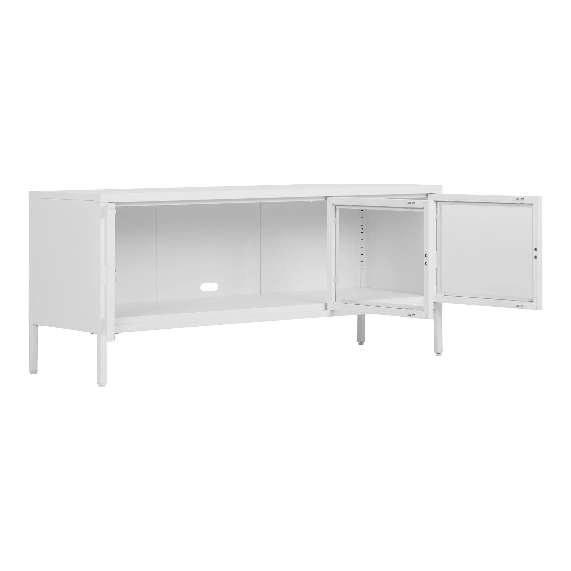 Meuble TV en métal blanc avec portes vitrées ouvertes et espace de rangement