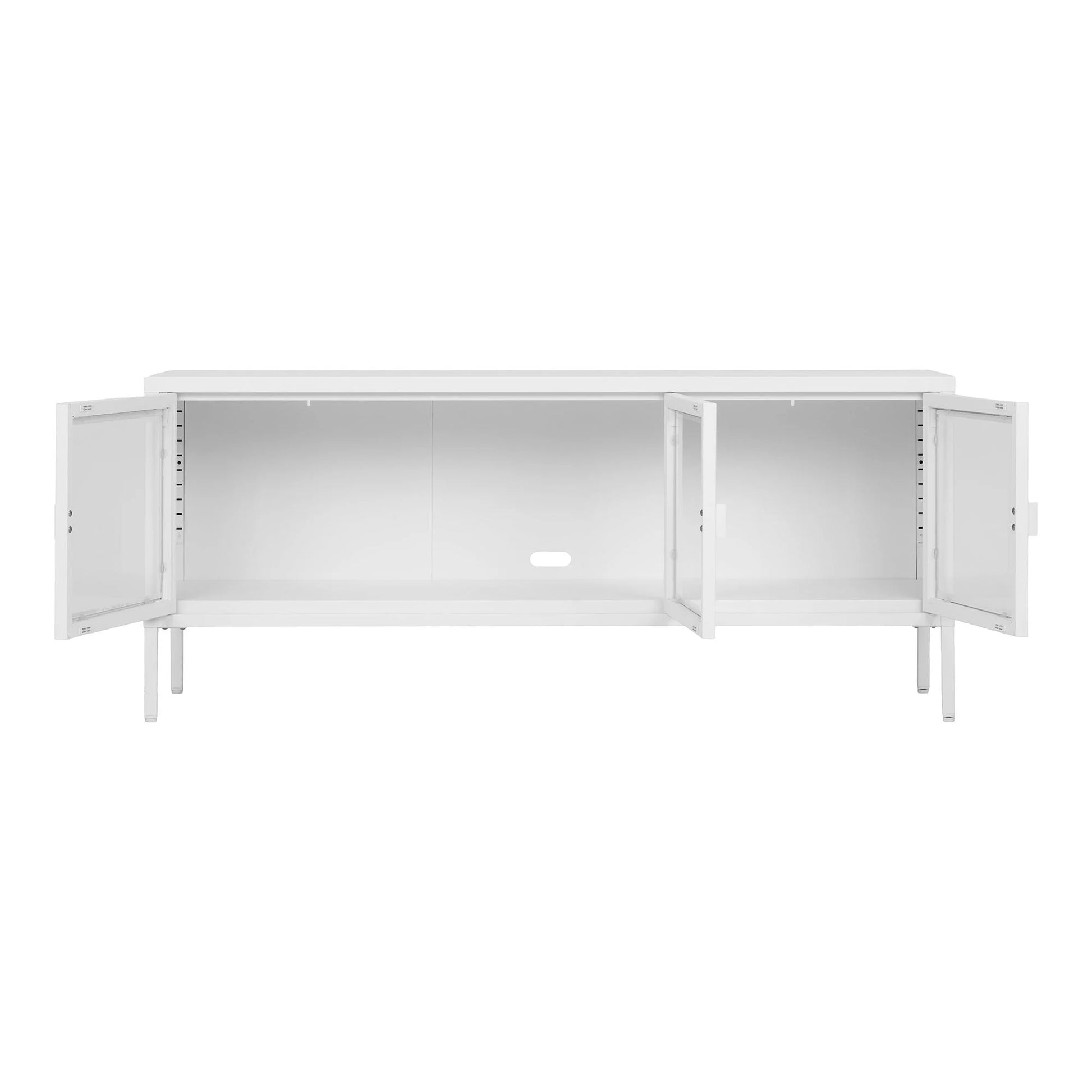 Meuble TV en métal blanc avec portes vitrées ouvertes, dimensions 130x40 cm