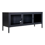 Console média en métal noir avec 3 portes vitrées pour salon 130x40 cm