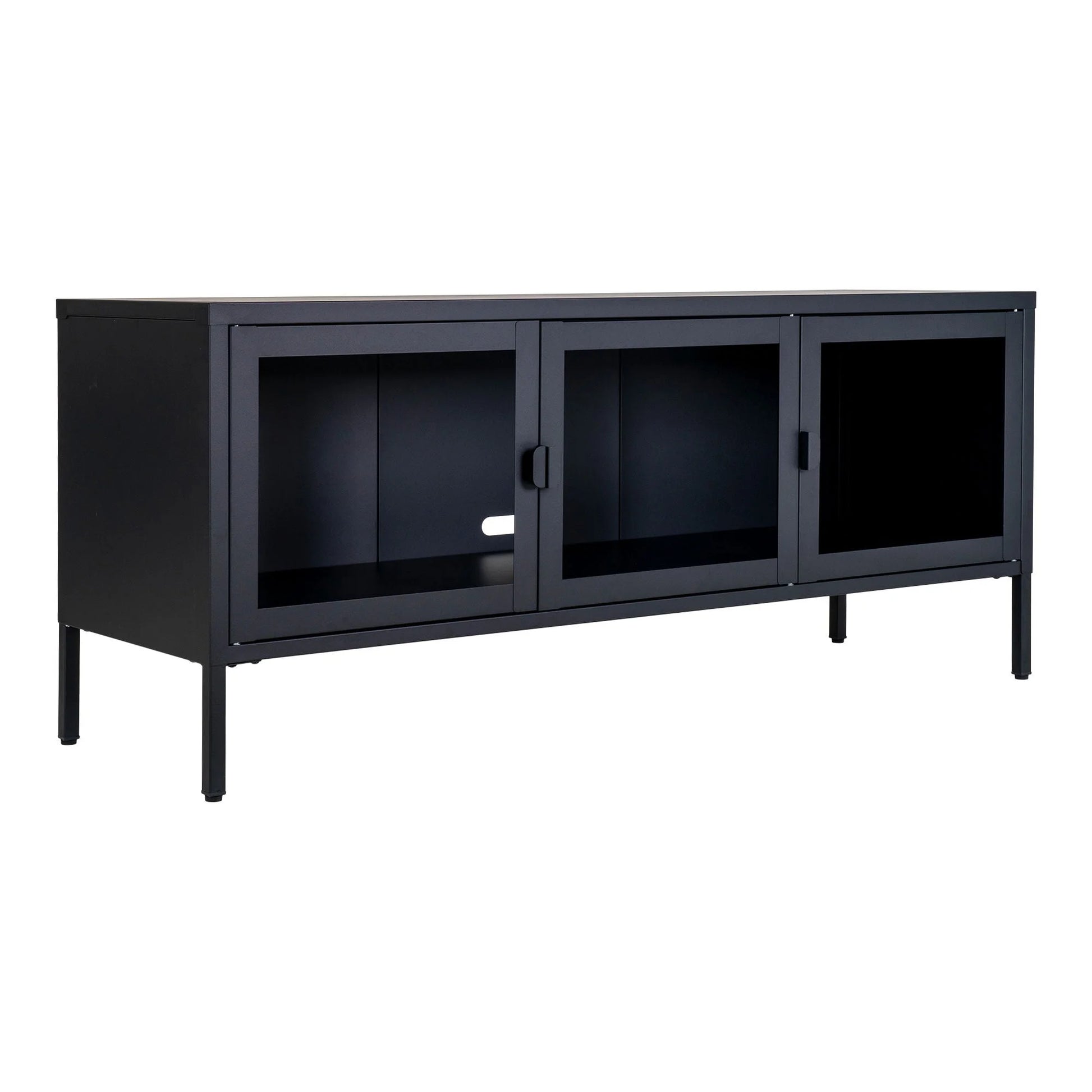 Console média en métal noir avec 3 portes vitrées pour salon 130x40 cm