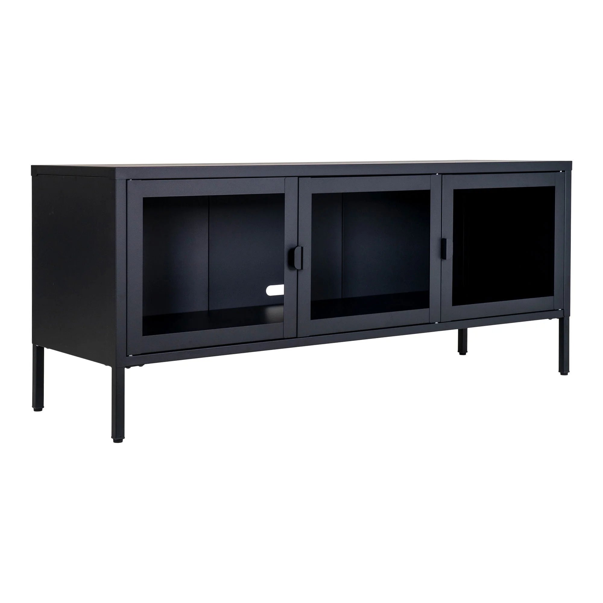 Console média en métal noir avec 3 portes vitrées pour salon 130x40 cm