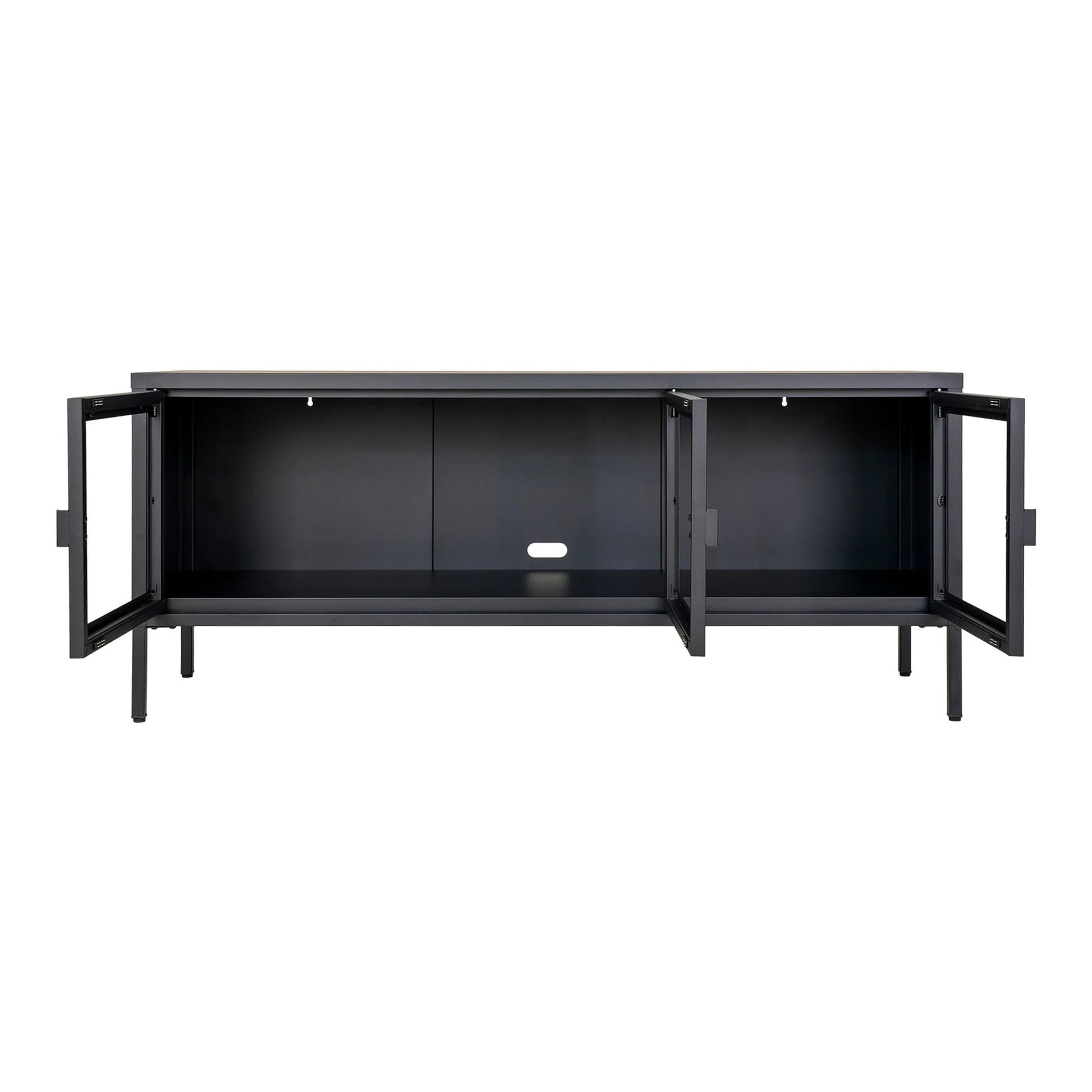 Meuble TV en métal noir avec portes vitrées pour salon 130x40 cm