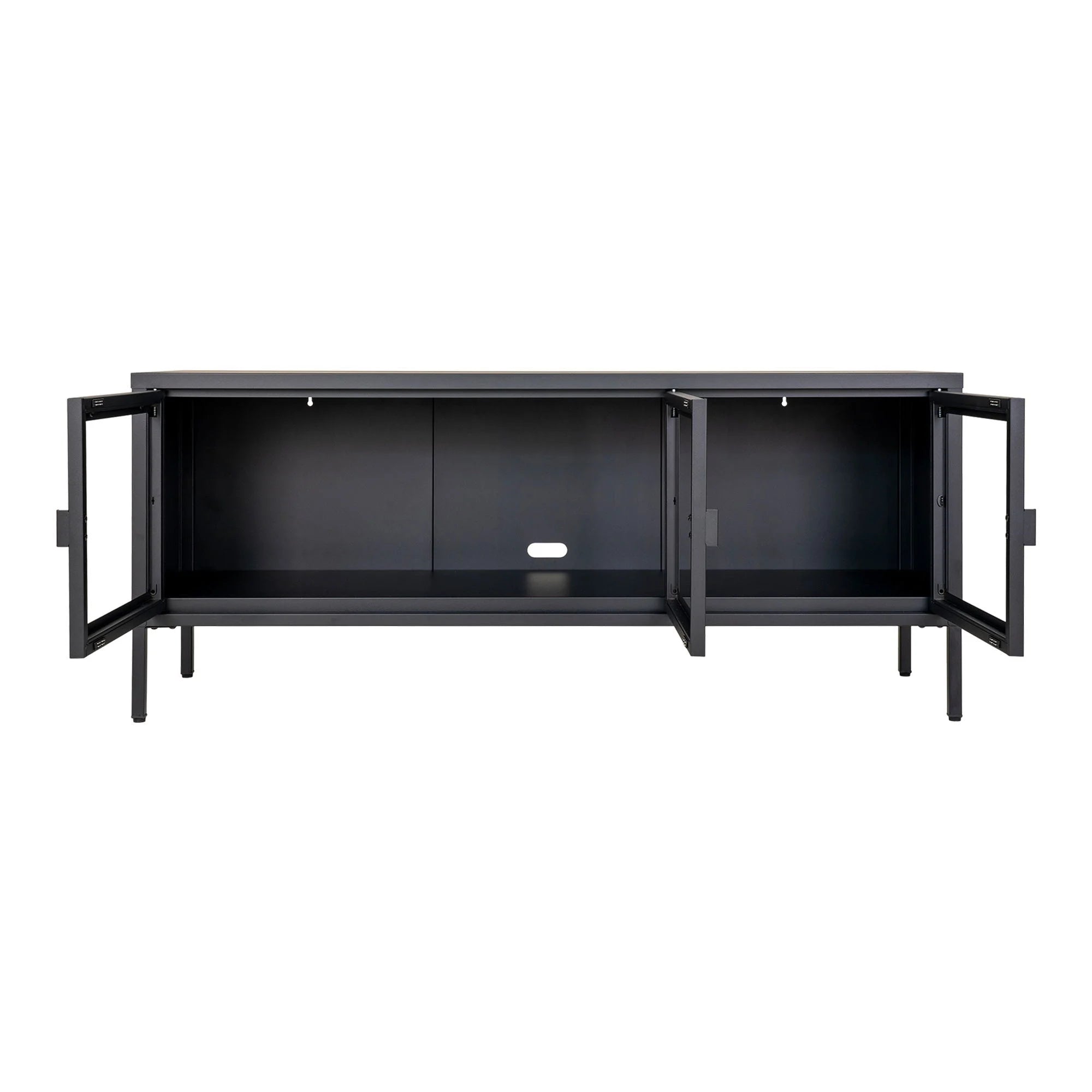 Meuble TV en métal noir avec portes vitrées pour salon 130x40 cm