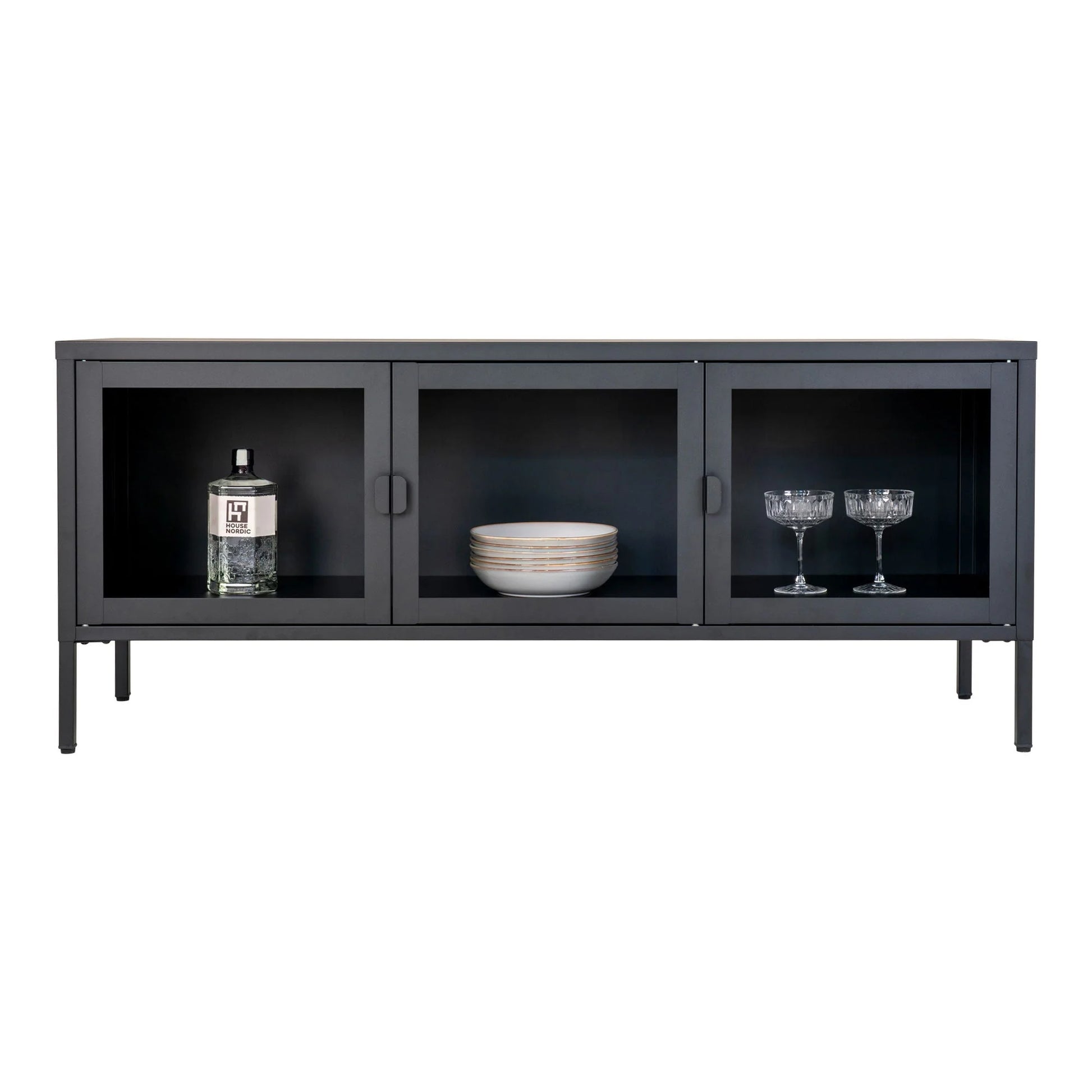 Meuble TV en métal noir avec portes vitrées pour salon 130x40 cm