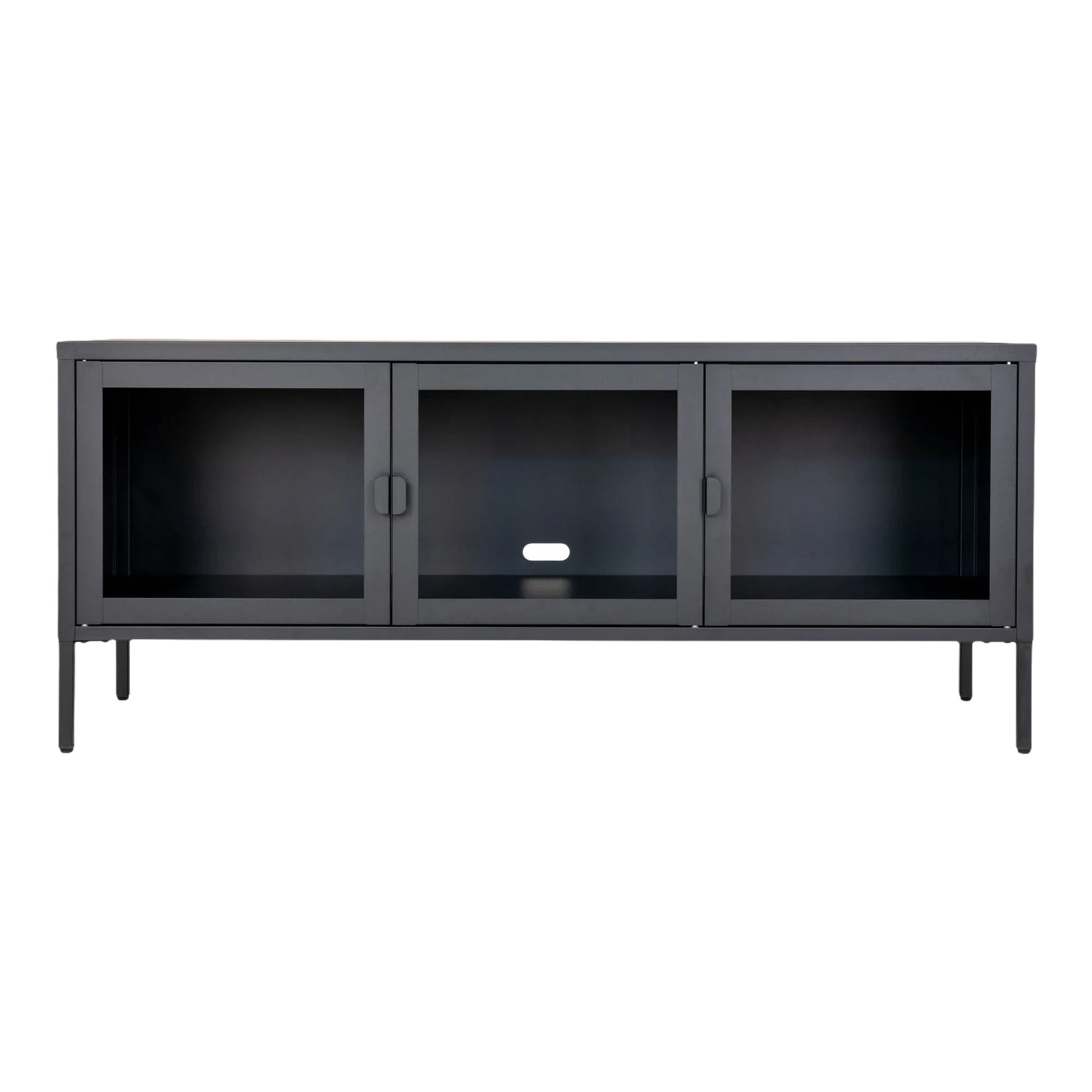 Console média en métal noir avec portes vitrées pour salon de 130x40 cm