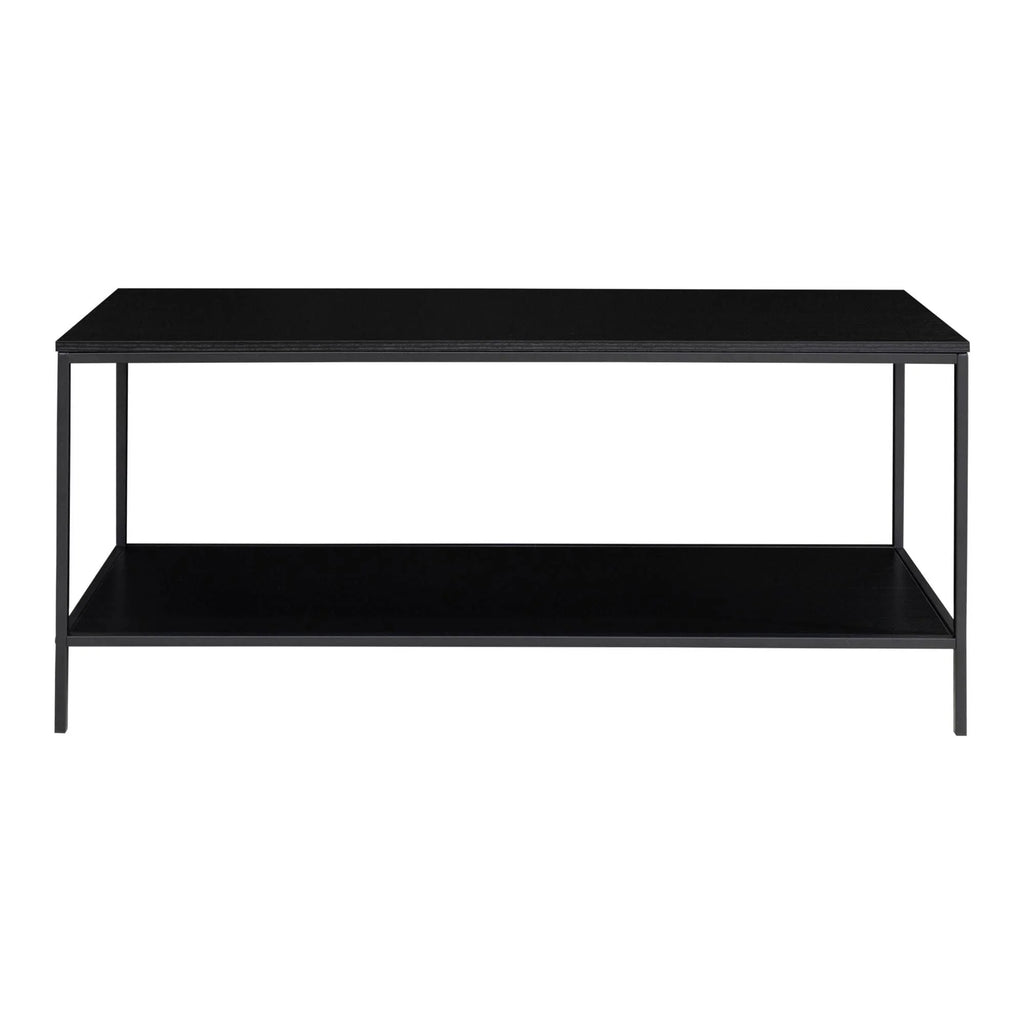 Table basse noire à deux niveaux en métal avec étagères ouvertes pour meuble TV
