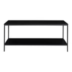 Table basse noire à deux niveaux en métal avec étagères ouvertes pour meuble TV