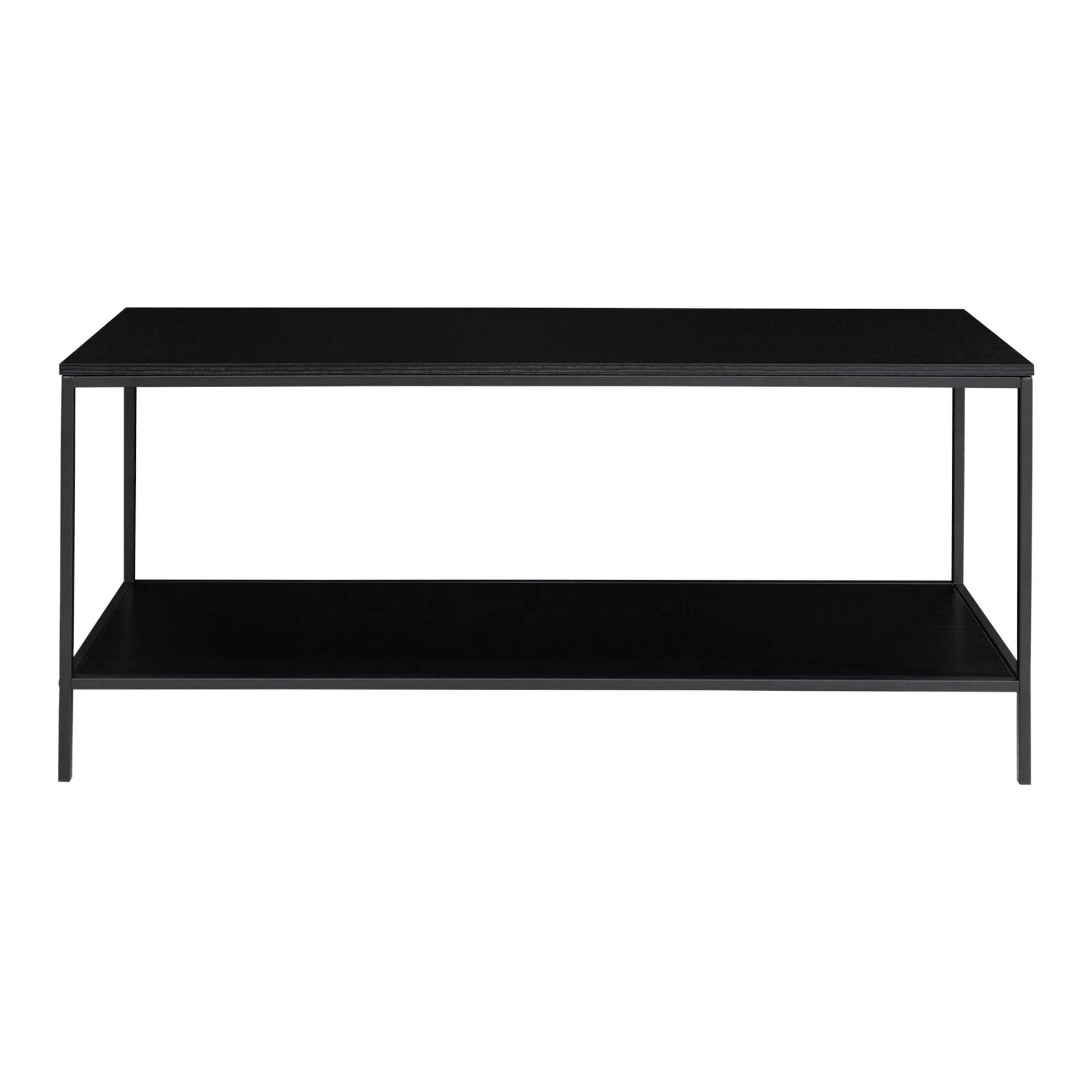 Table basse noire à deux niveaux en métal avec étagères ouvertes pour meuble TV