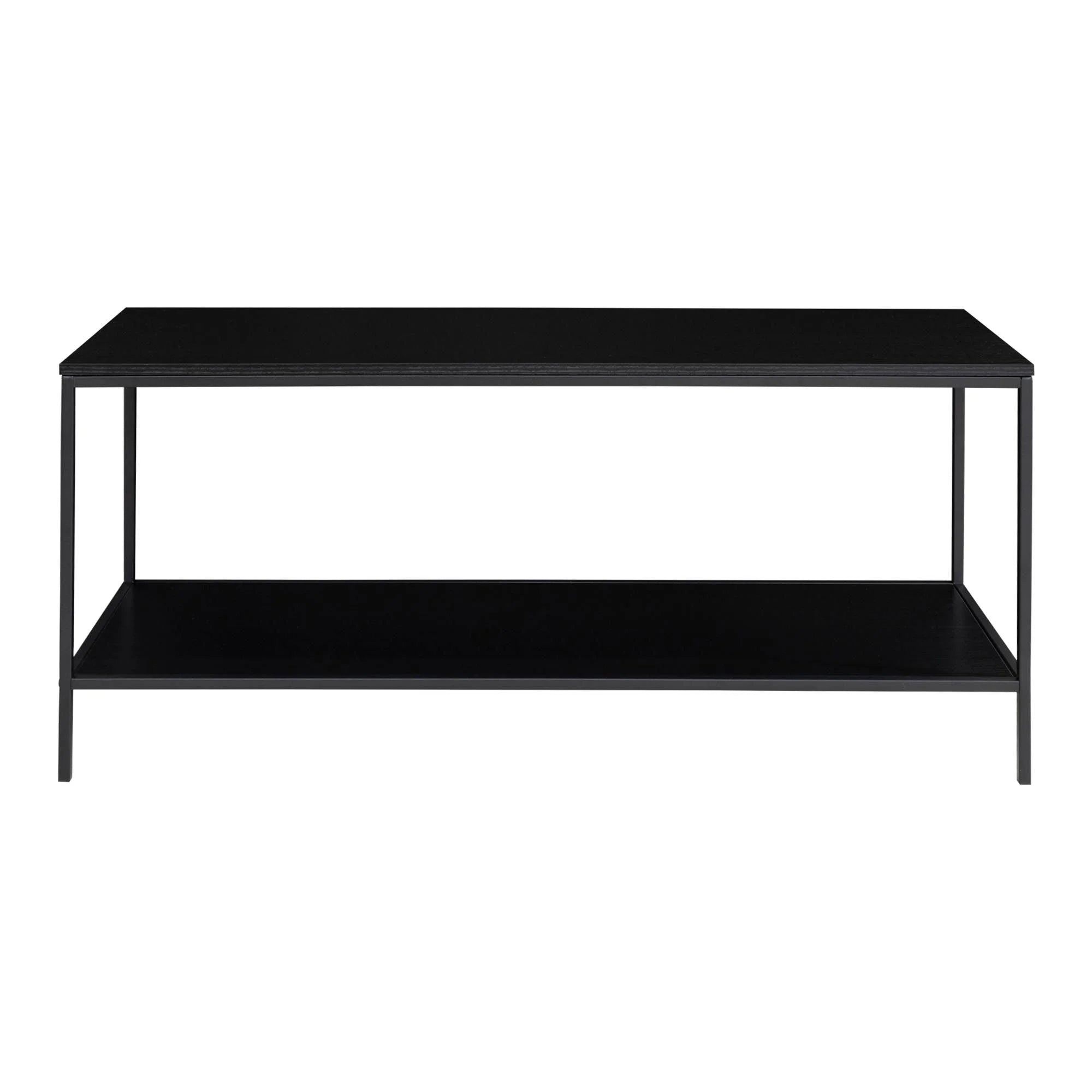 Table basse noire à deux niveaux en métal avec étagères ouvertes pour meuble TV