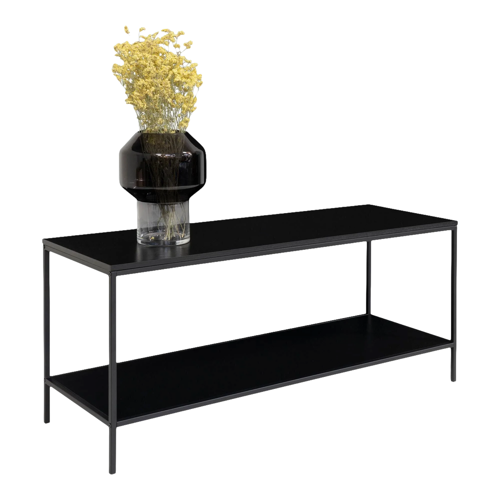 Console noire en métal à deux niveaux avec vase de fleurs jaunes
