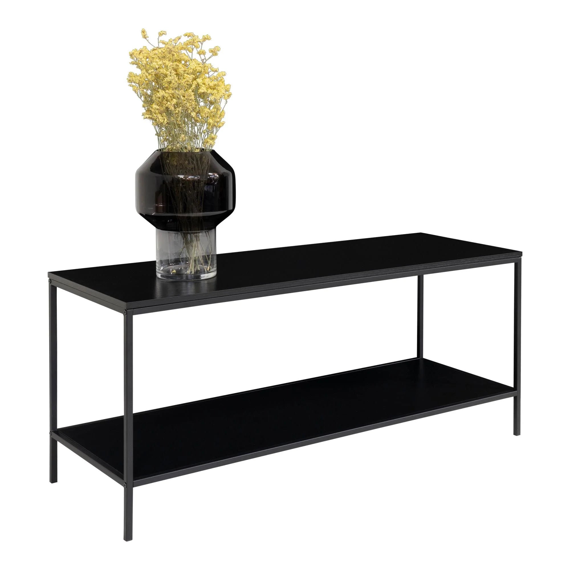 Console noire en métal à deux niveaux avec vase de fleurs jaunes