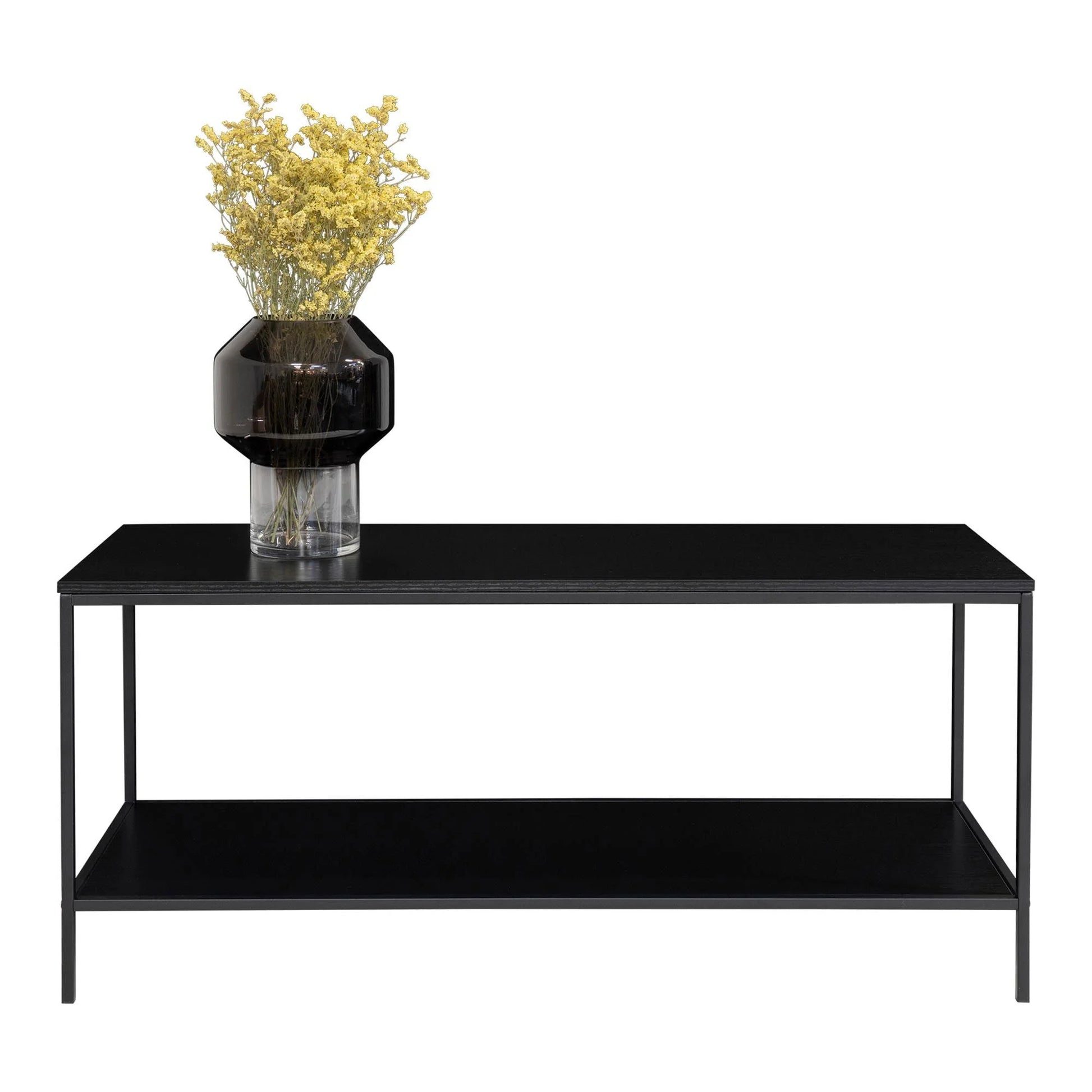 Console noire en métal avec vase et fleurs, idéal pour votre salon
