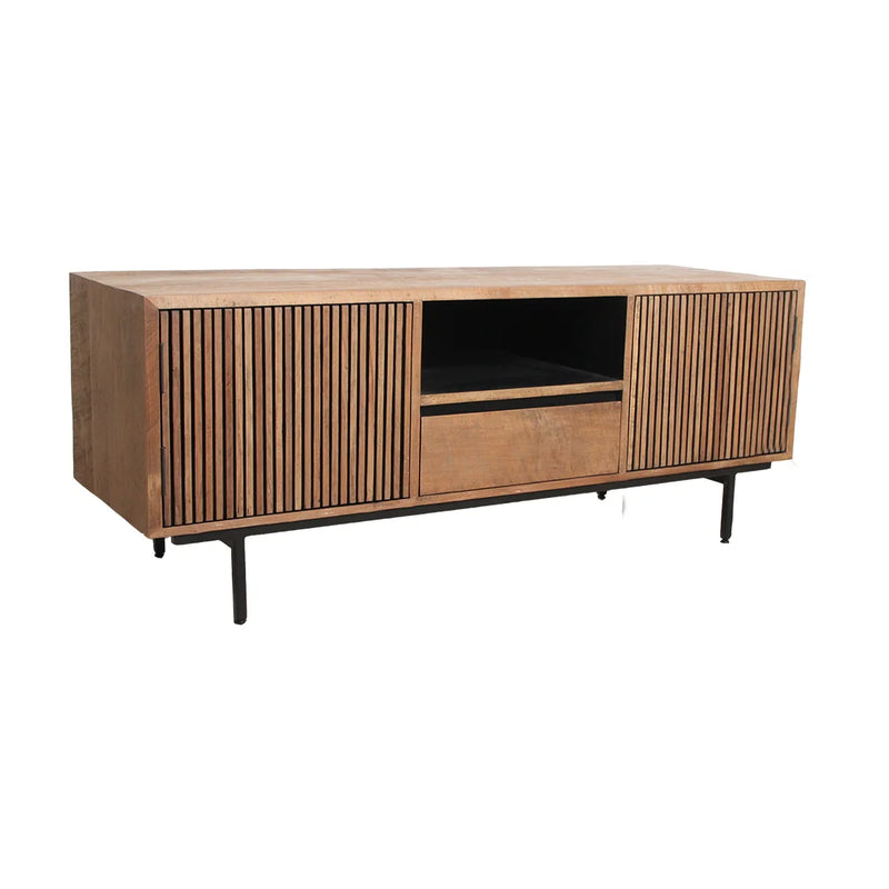 Meuble TV en teck recyclé façades à lames et pieds noirs – 140x45 cm