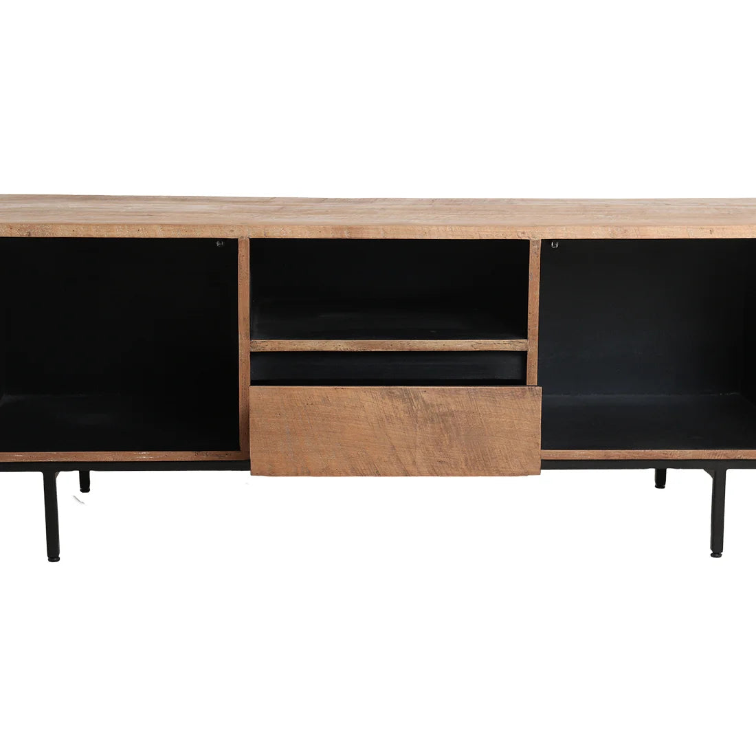 Meuble TV en teck recyclé 140x45 cm, façades lames noires