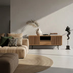 Meuble TV en teck recyclé à lames verticales et pieds noirs, 140x45 cm