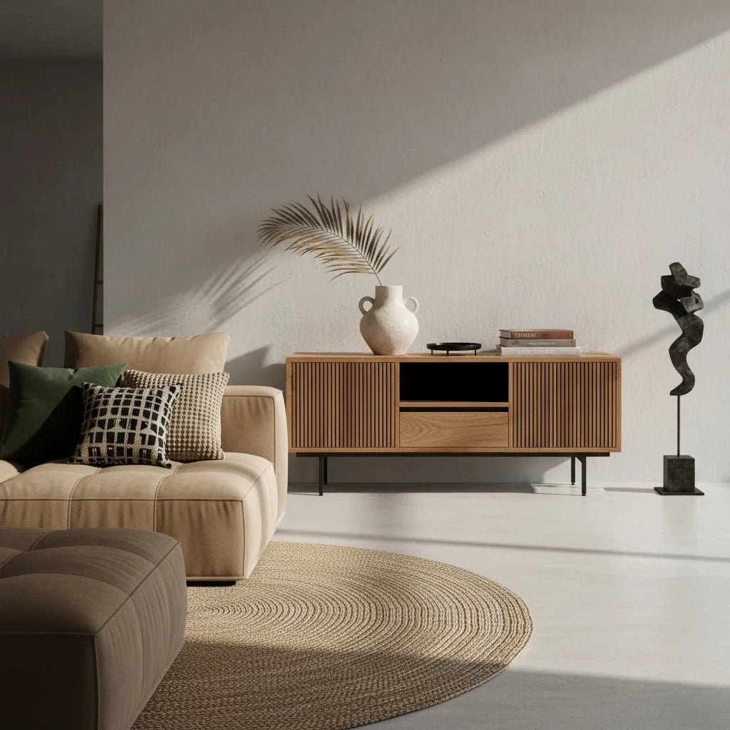 Meuble TV en teck recyclé à lames verticales et pieds noirs, 140x45 cm