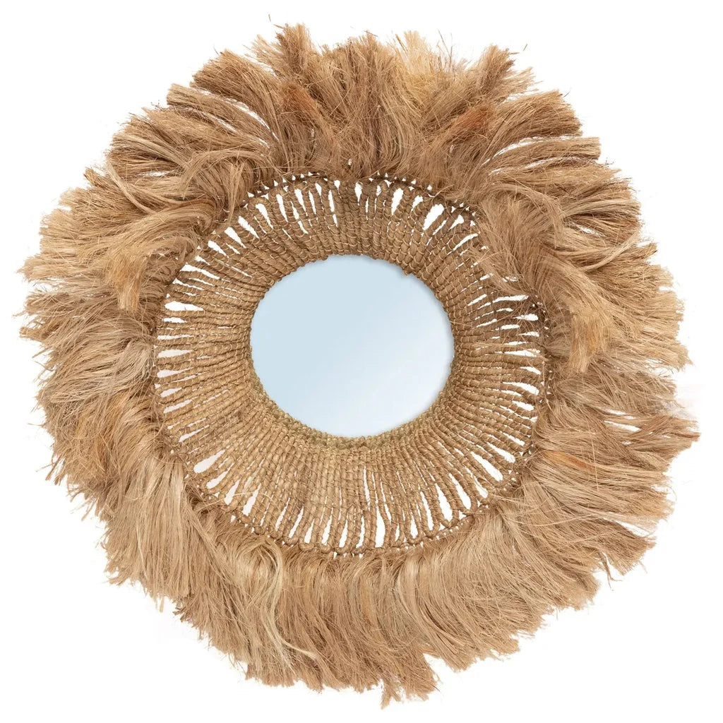Miroir rond avec entourage en jute frangé dans le style Le miroir Abaca Solomon Naturel