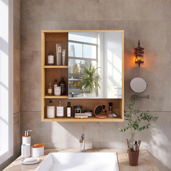 Détail du miroir bois étagère avec rangement