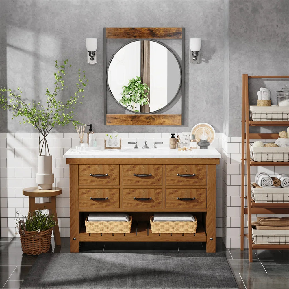Miroir bois et fer dans une salle de bain