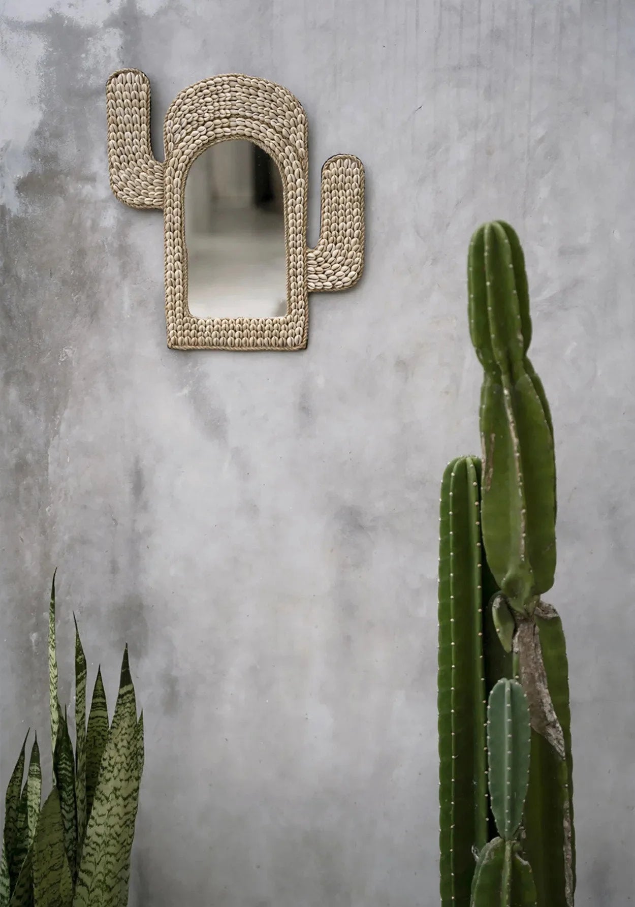 Miroir mural cactus beige en coquillages cauris blancs, 40x38 cm