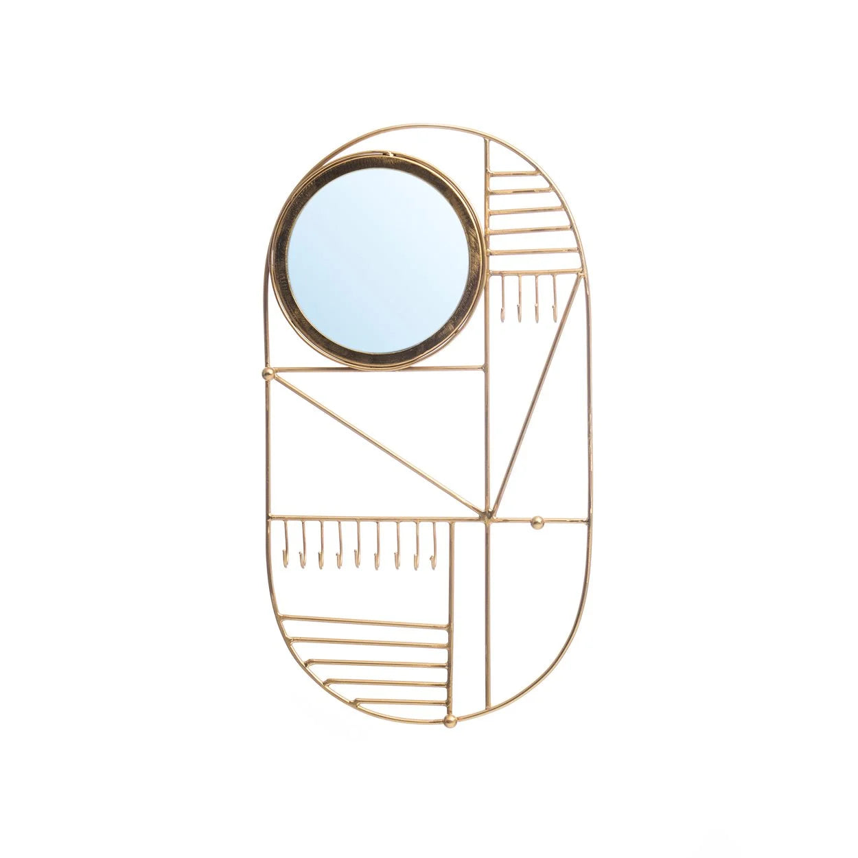Organisateur de bijoux mural doré avec miroir ovale et accents géométriques