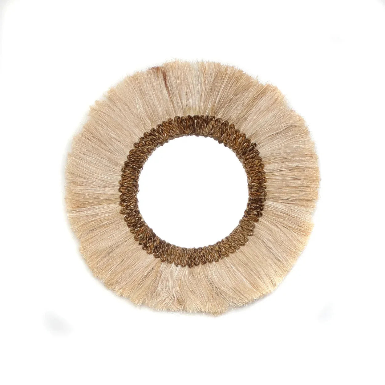 Miroir mural rond de 60 cm avec cadre en paille tissée naturelle et frange