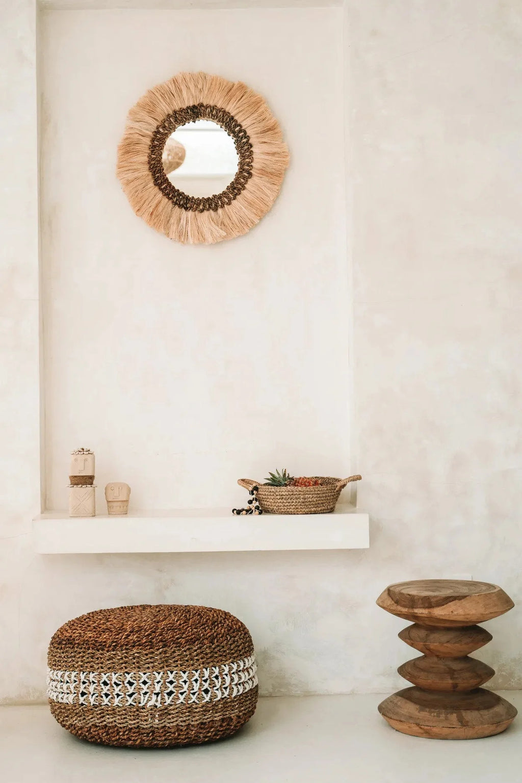 Miroir mural rond de 60 cm avec frange en raffia naturel pour décoration intérieure