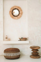 Miroir mural rond de 60 cm avec frange en raffia naturel pour décoration intérieure