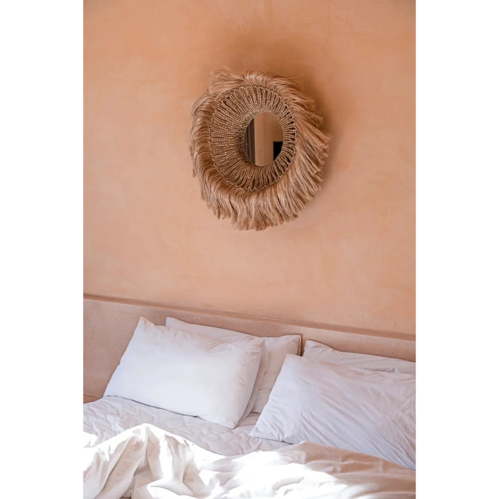 Miroir mural rond en abaca tressé bordure frangée naturel – Ø25 cm