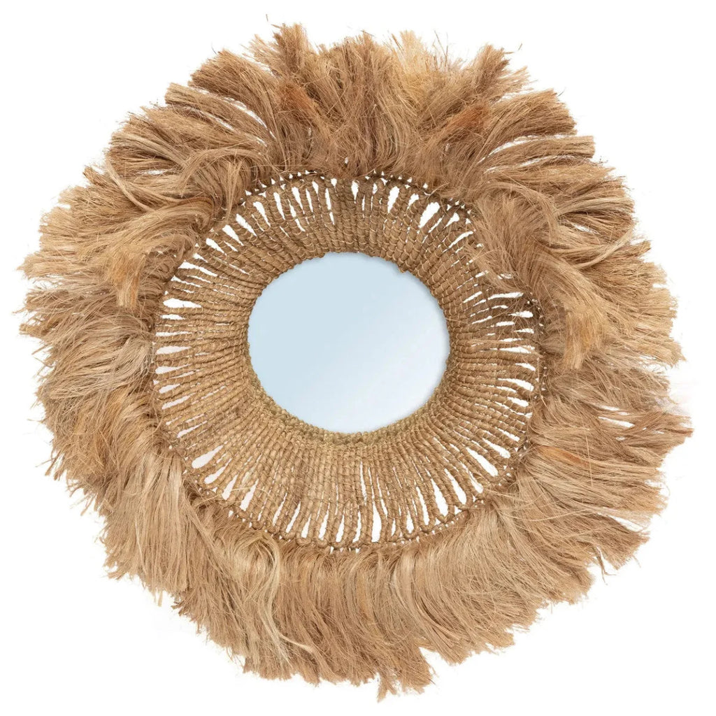 Miroir mural rond en abaca tressé bordure frangée naturel – Ø25 cm