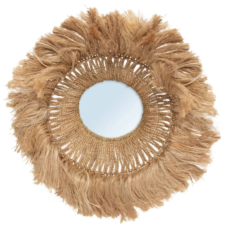 Miroir mural rond en abaca tressé bordure frangée naturel – Ø25 cm