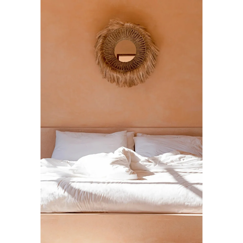 Miroir mural rond en abaca tressé bordure frangée naturel – Ø25 cm