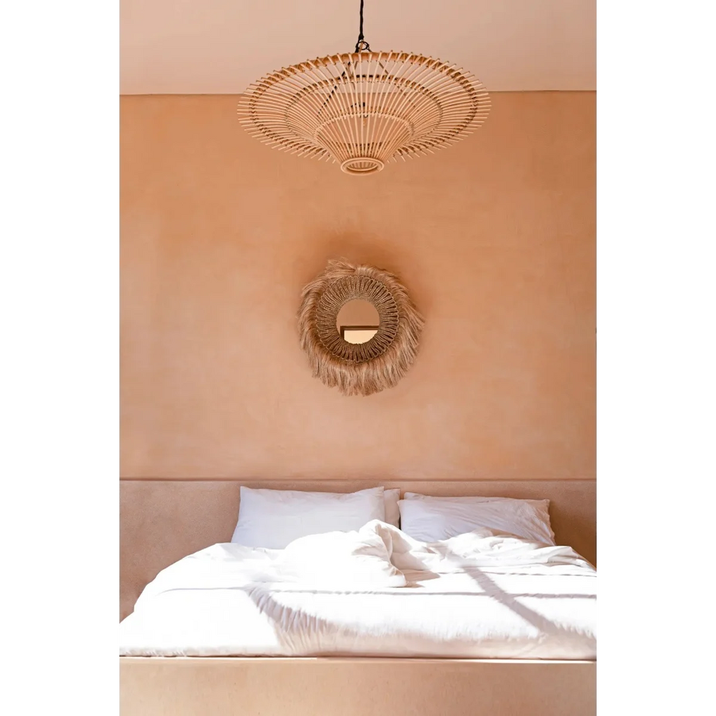 Miroir mural rond en abaca tressé bordure frangée naturel – Ø25 cm