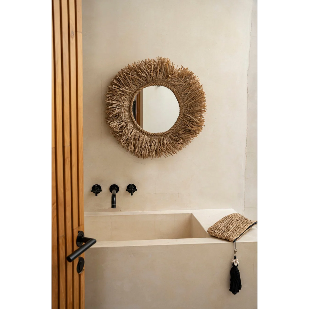 Miroir mural rond en fibres naturelles tressées couleur naturelle – Ø60 cm