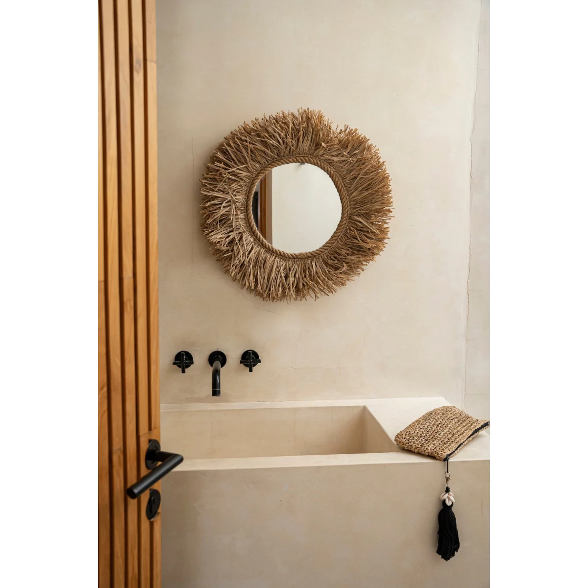 Miroir mural rond en fibres naturelles tressées couleur naturelle – Ø60 cm