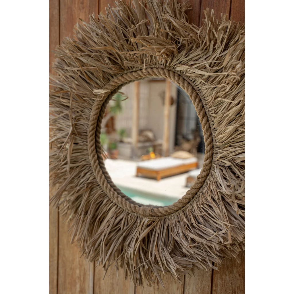 Miroir mural rond en fibres naturelles tressées couleur naturelle – Ø60 cm