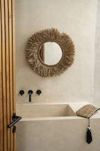 Miroir mural rond en fibres naturelles tressées avec franges en paille, diamètre 60 cm
