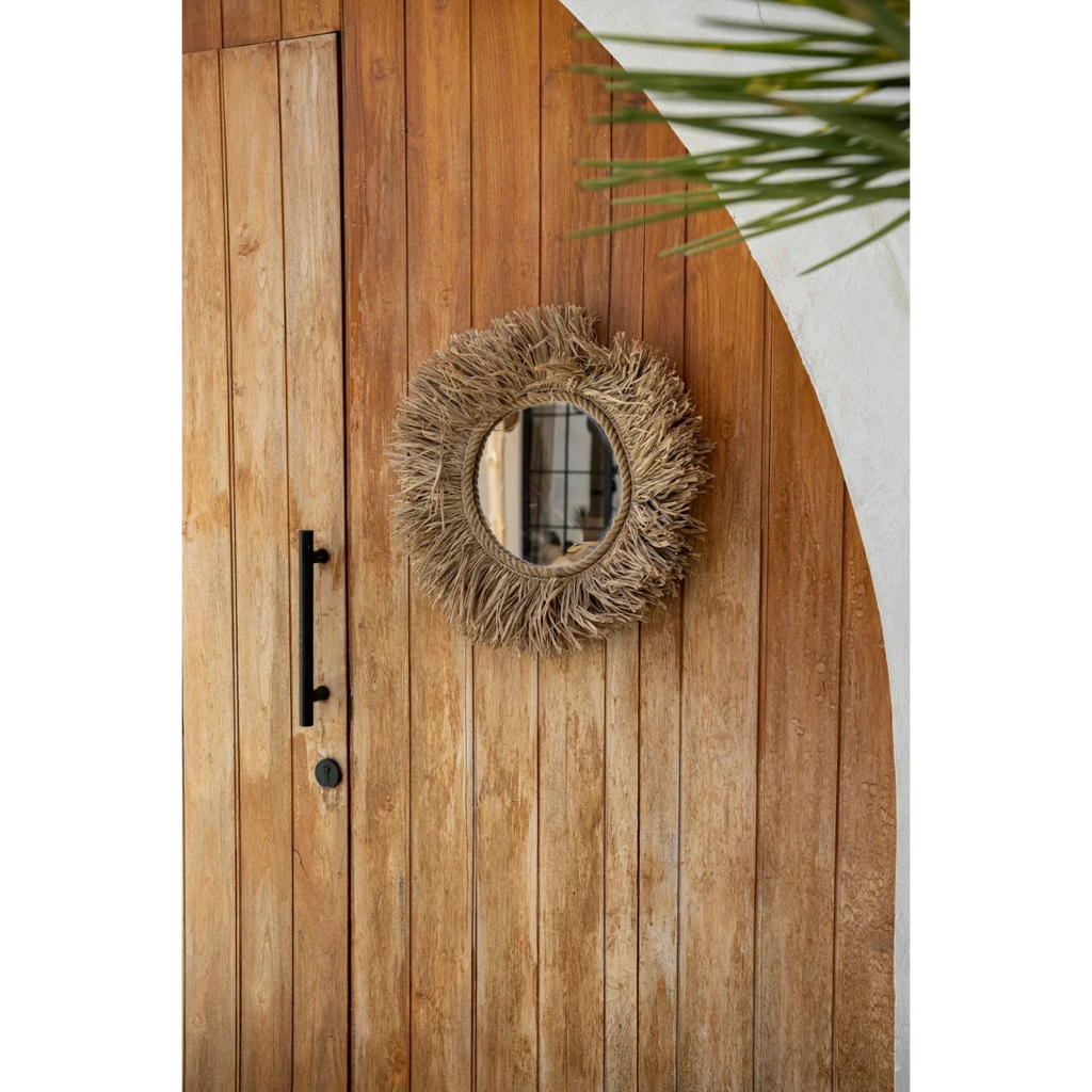 Miroir mural rond en fibres naturelles tressées couleur naturelle – Ø60 cm