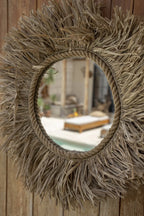 Miroir mural rond avec cadre en corde et frange en paille naturelle Ø60 cm