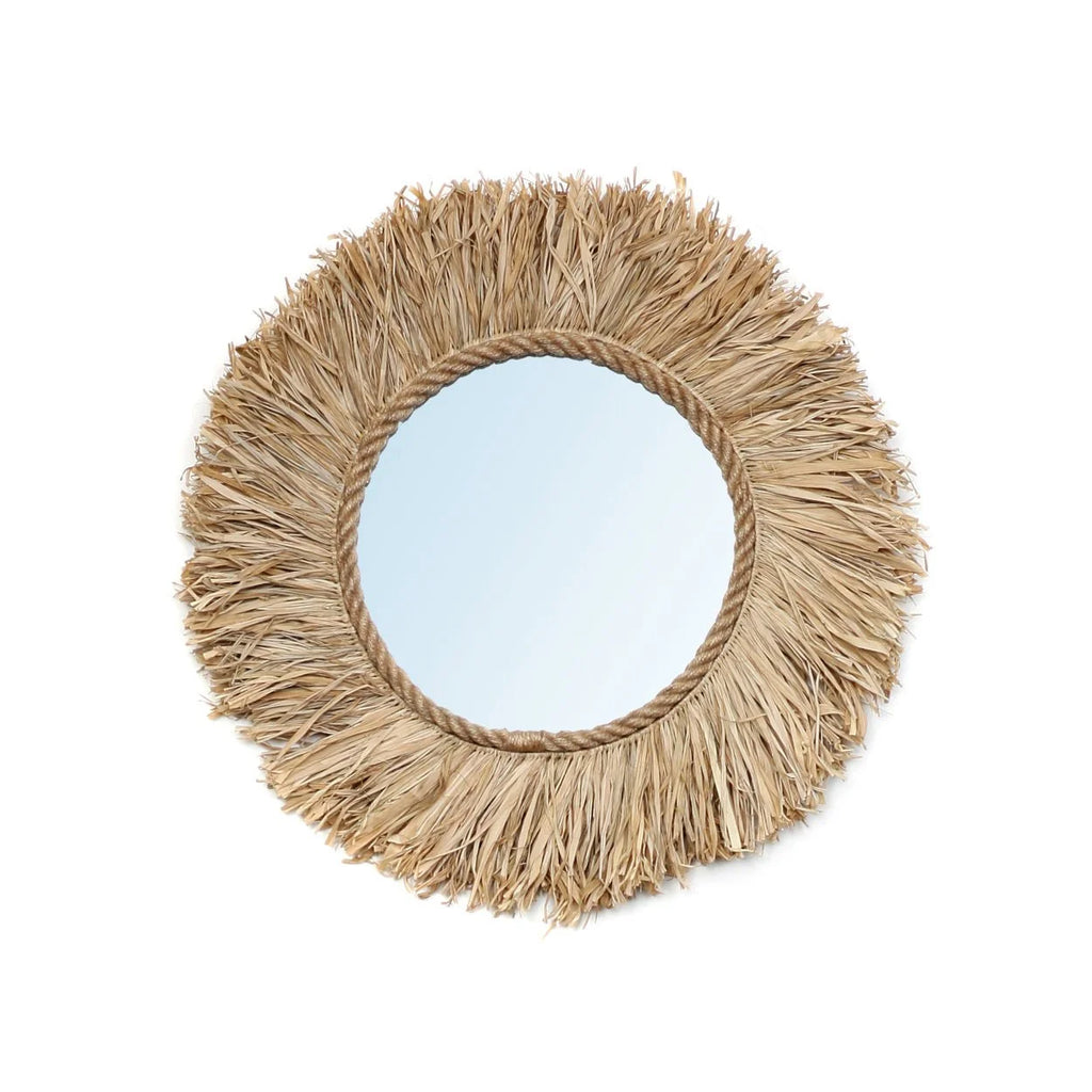 Miroir mural rond en fibres naturelles tressées avec bord en corde et frange en raffia