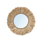 Miroir mural rond en fibres naturelles tressées avec bord en corde et frange en raffia