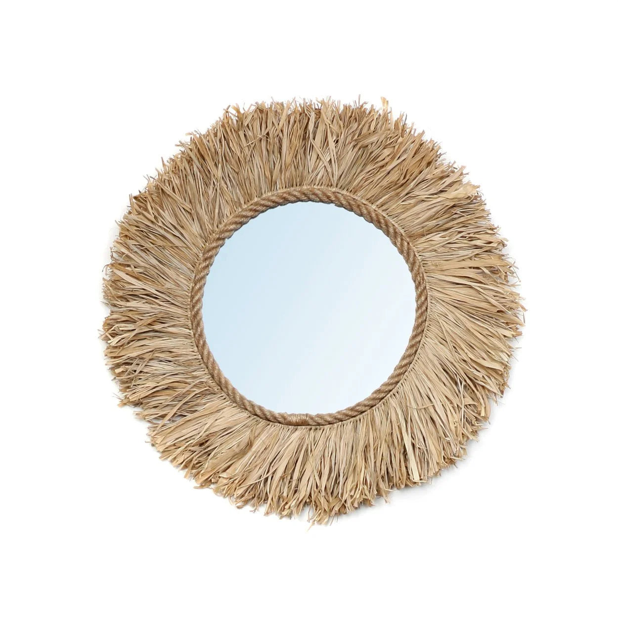 Miroir mural rond en fibres naturelles tressées avec bord en corde et frange en raffia