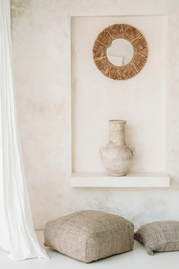 Miroir mural rond en raphia naturel et coquillages 60 cm