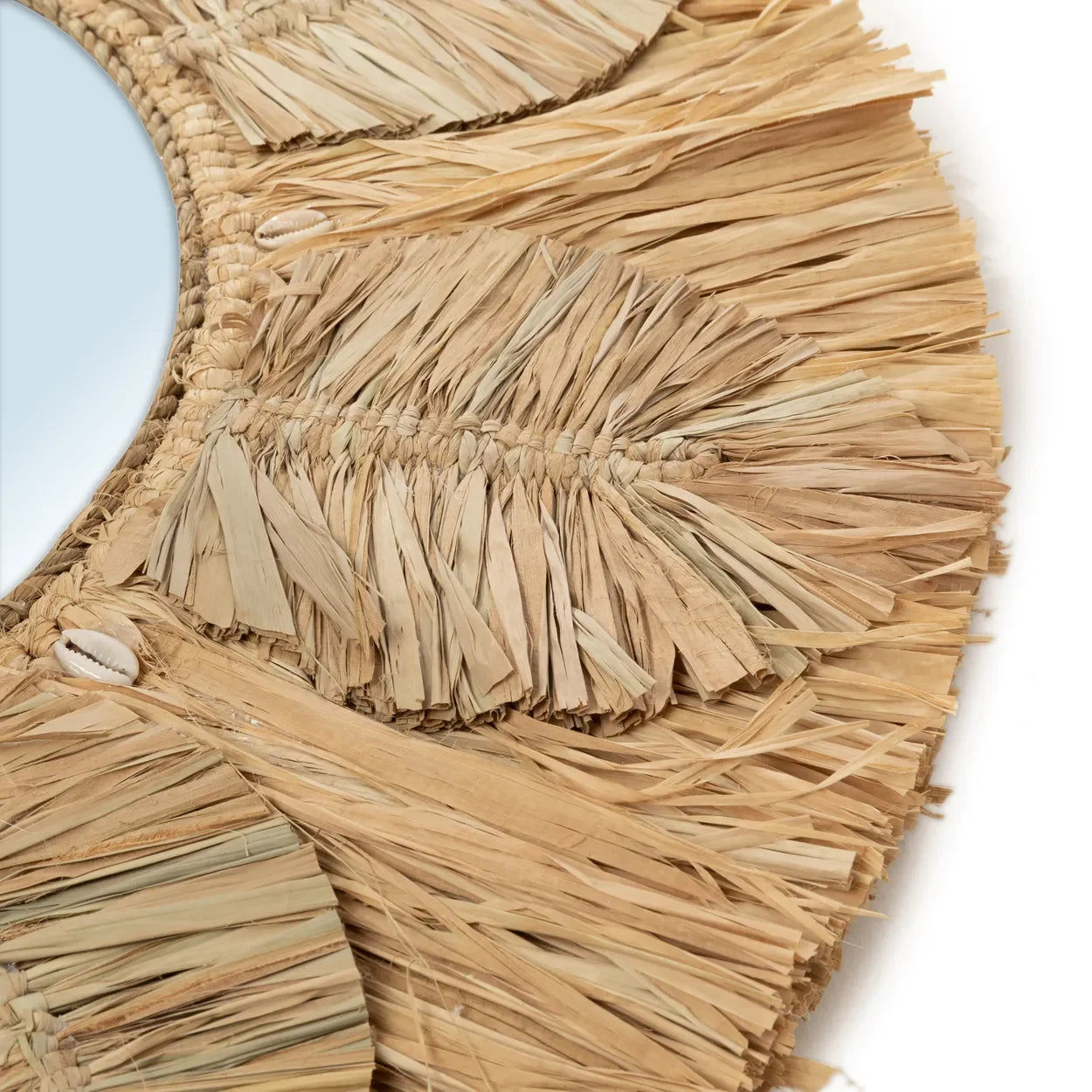 Miroir mural rond en raphia naturel et coquillages 60 cm